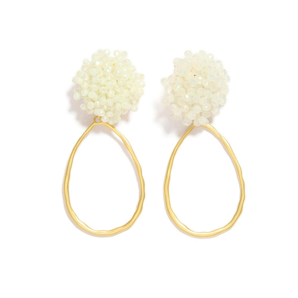 Hammered Metal Teardrop Drop Earrings Featuring Faceted Bead Cluster Post White